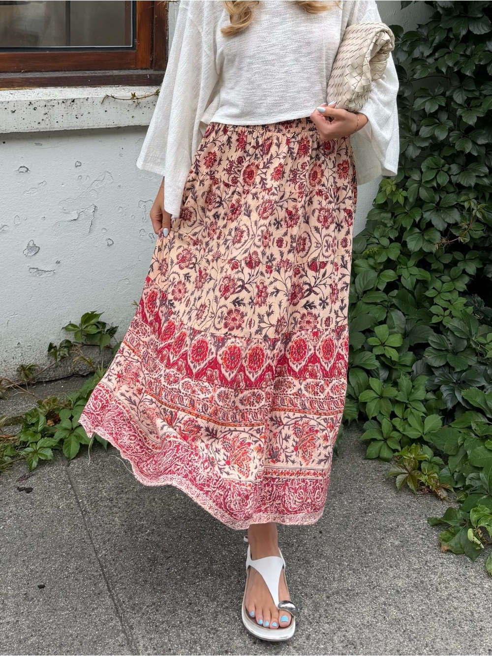 Boho Floral Tiered Maxi Skirt - Pink Red